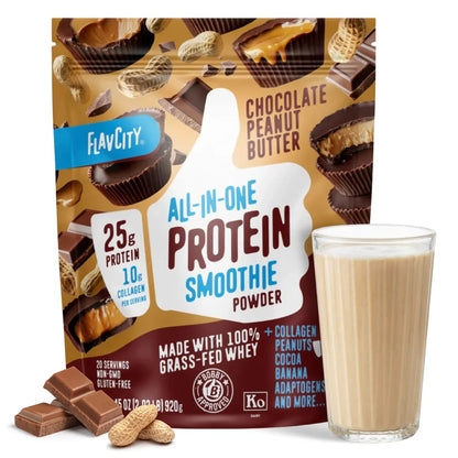 FlavCity Grass Fed Whey Chocolate Protein Powder - Chocolate Peanut Butter - 25g Protein & 10g Collagen - Made with Organic Cocoa & Coconut Milk - Gluten Free & No Added Sugars (20 Servings)